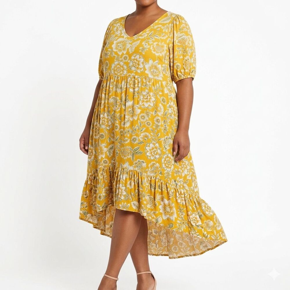 Terra & Sky Dress Womens 1X Yellow Floral Hi Low Puff Sleeve Boho Sundress